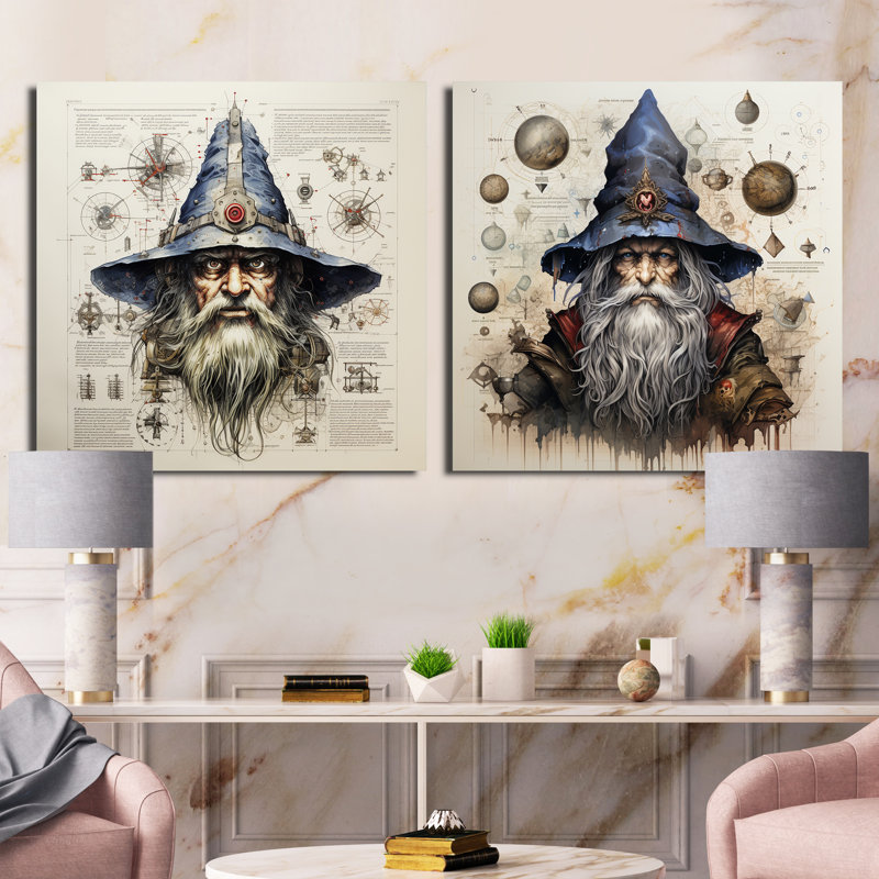 Schéma gnome - ensemble de 2 collages carrés fantaisistes et de science-fiction, Toile tendue, H 16 po x l 33 po