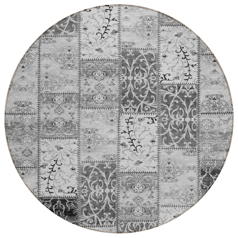 8' Round Gray Round Patchwork Washable Non Skid Indoor Outdoor Area Rug