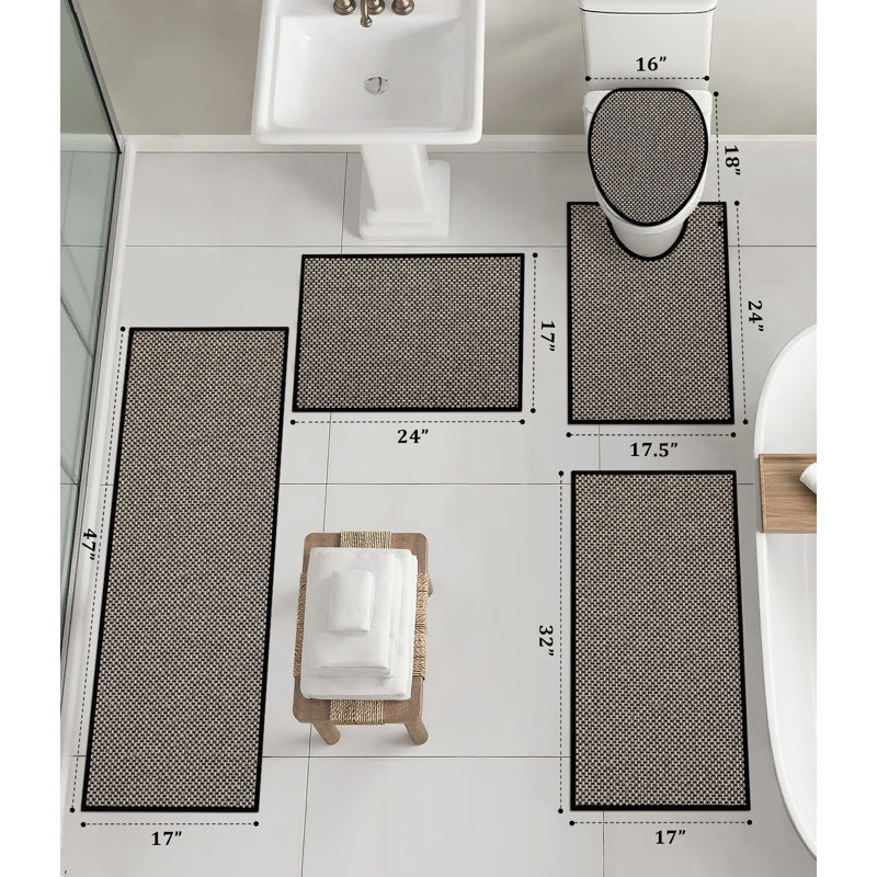 Ensemble 5 pièces de tapis de bain texturé moderne avec envers antidérapant, Black
