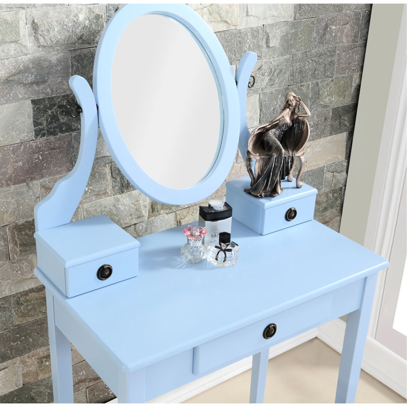 Table de coiffeuse bleue - 3 tiroirs de rangement, miroir en bois réglable, tabouret de rangement contemporain à tiroirs, bois