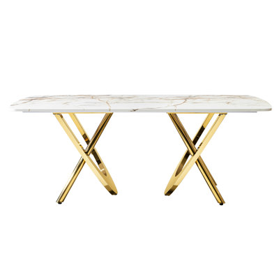 Élégante table de salle à manger rectangulaire avec texture en marbre et pieds en acier inoxydable doré, pouvant accueillir de 6 à 8 motifs