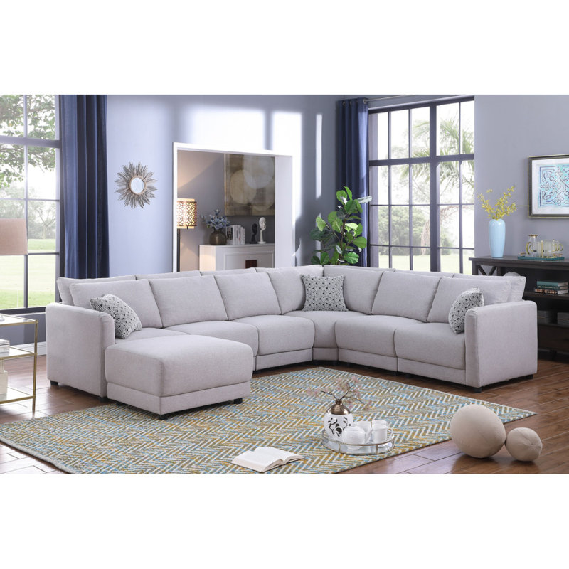 Canapé modulaire modulaire réversible en tissu de lin de 120 po avec repose-pieds et coussins Modern Penelope