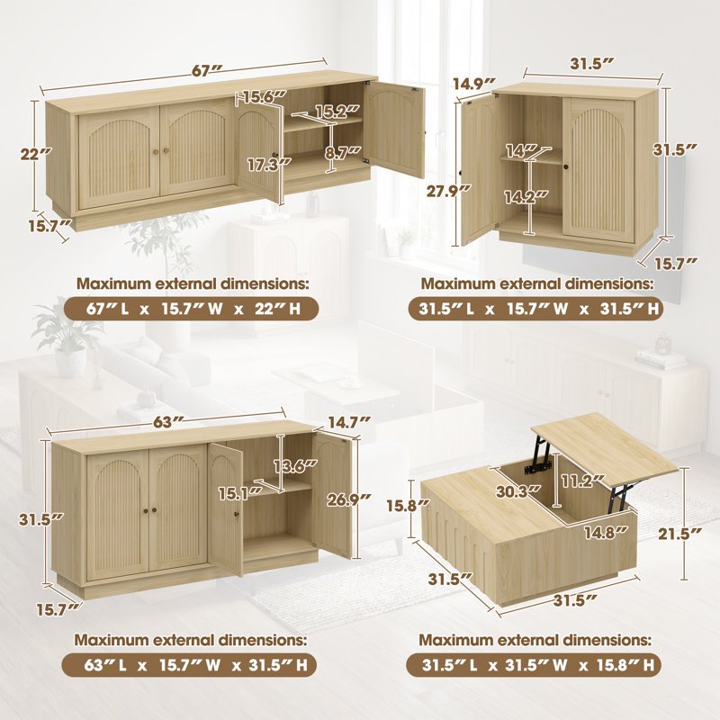 4-piece Living Room Furniture Set--63" Buffet Sideboard Cabinet, 31.5" Accent Cabinet, 31.5" Square Lift Top Coffee Table, 67" Fluted Tv Stand & Sideboard, Natural