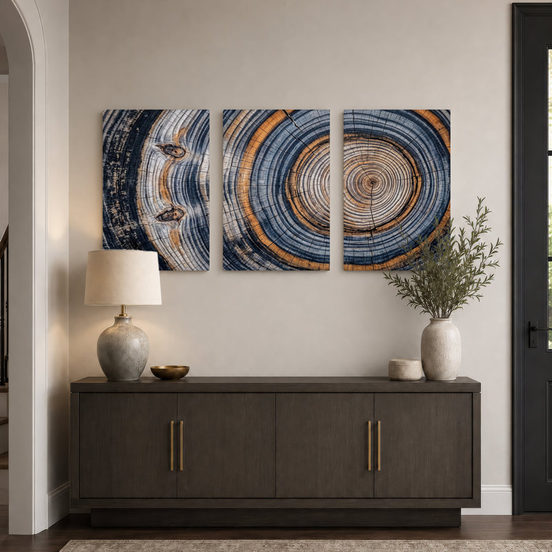 Ensemble de 3 toiles bleues et brunes, H 18 po x l 12 po x 3 pièces