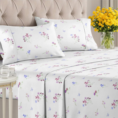 Ensemble de draps 4 pièces à motif floral de qualité supérieure, doux et infroissables - Ensemble de literie de luxe en microfibre ultra douce