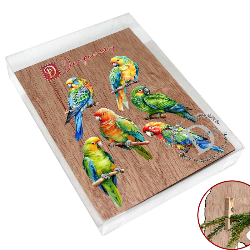 Colorful Parrots Wooden Clip-On Ornaments Set of 6