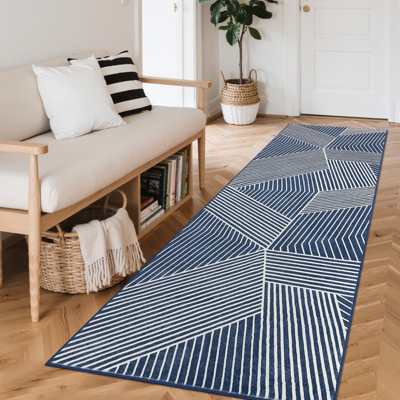 Machine Washable Runner Rug Modern Striped Hallway Runner Non Slip Low Pile Entryway Rug Soft Non Shedding Carpet for Kitchen Laundry