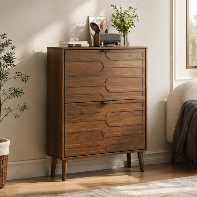Large armoire à chaussures rabattable en noyer, panneaux à trombones et tablette ouverte