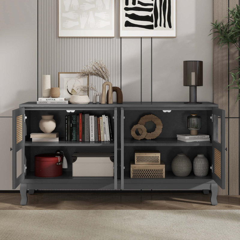 Retro 4-Door Sideboard With Large Storage Space Artificial Rattan Doors And Transparent Glass, Antique Dark Gray