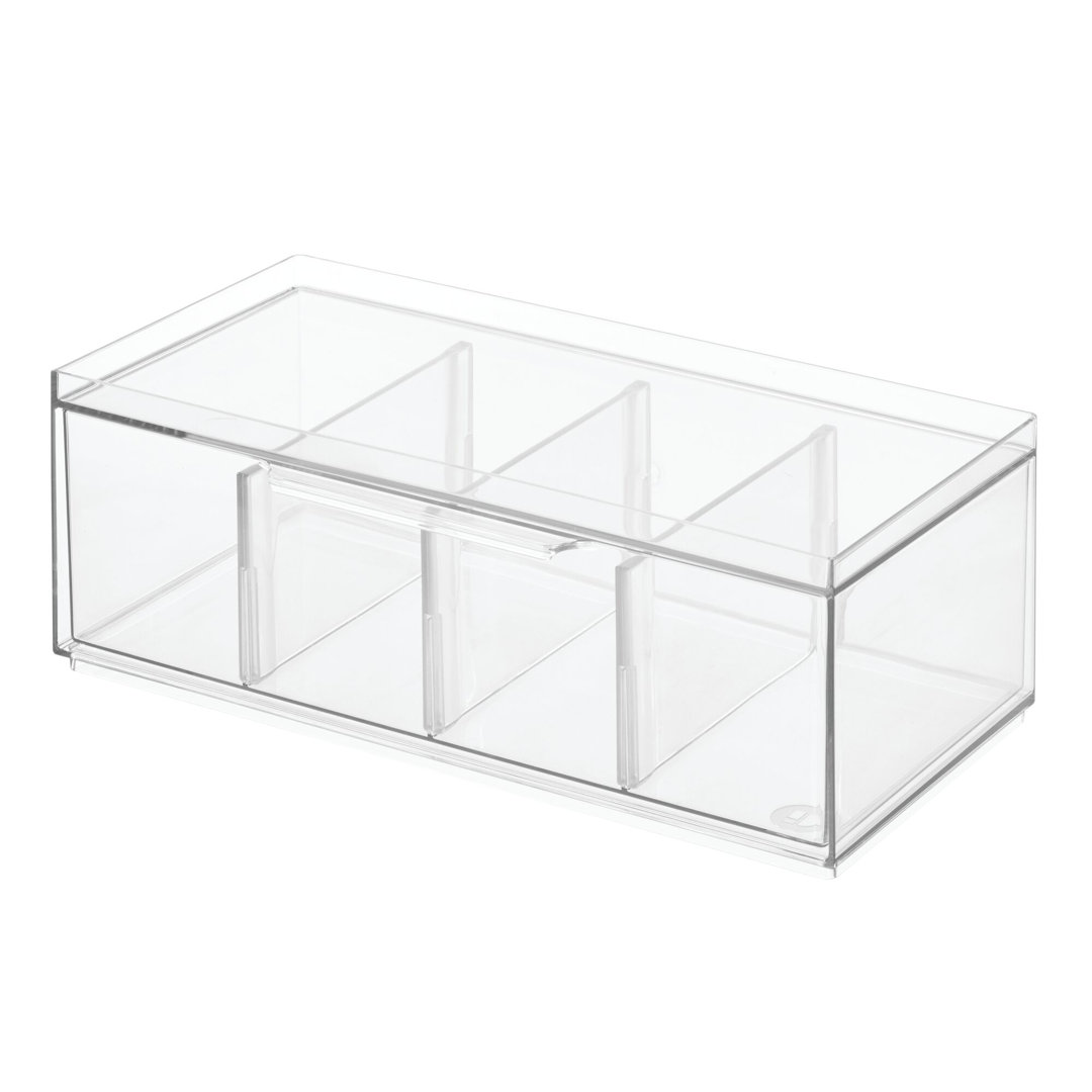iDesign Crisp BPA-Free Plastic Stackable Tea Packet Storage Organizer Drawer with Lid, - 12.59" x 6.23" x 4.57", Clear iDesign