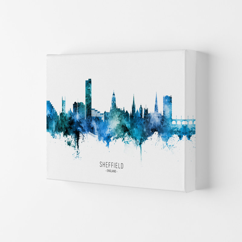 Sheffield England Skyline Blue City Name by Michael Tompsett - 1 Piece Wall Art, 29.7cm H x 42cm W x 4cm D, Wrapped Canvas