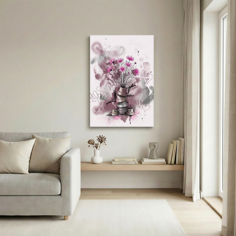 Toile rose sur fond de graffiti, H 18 po x l 12 po