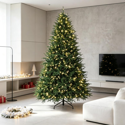 Arbre de Noël artificiel vert 7,5 pi avec 1000 lumières DEL blanc chaud, 3719 branches, charnières et base en métal
