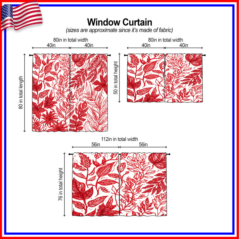 Rideaux de fenêtre Red Botanical Illustration à motif floral et obscurcissant - 2 panneaux, 20 po x 50 po - 2 panneaux