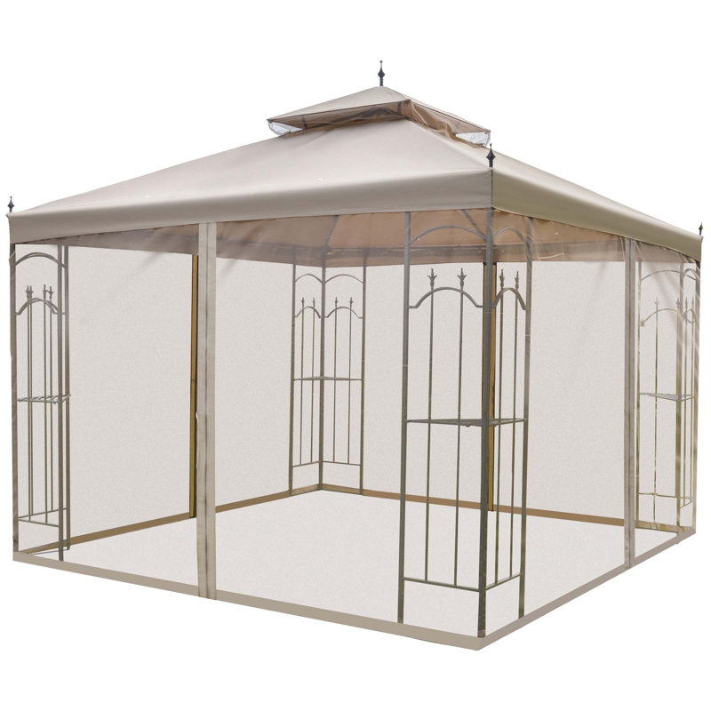 Outsunny 10' X 10' Patio Gazebo With Corner Frame Shelves, Double Roof Outdoor Gazebo Canopy Shelter With Netting, For Patio, Wedding, Catering & Events, Brown