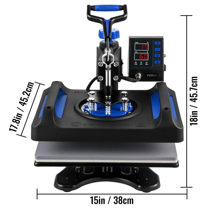 Presse à chaleur VEVOR 12 X 15 pouces Sublimation 5 en 1 360 Swing Away numérique, Noir et bleu