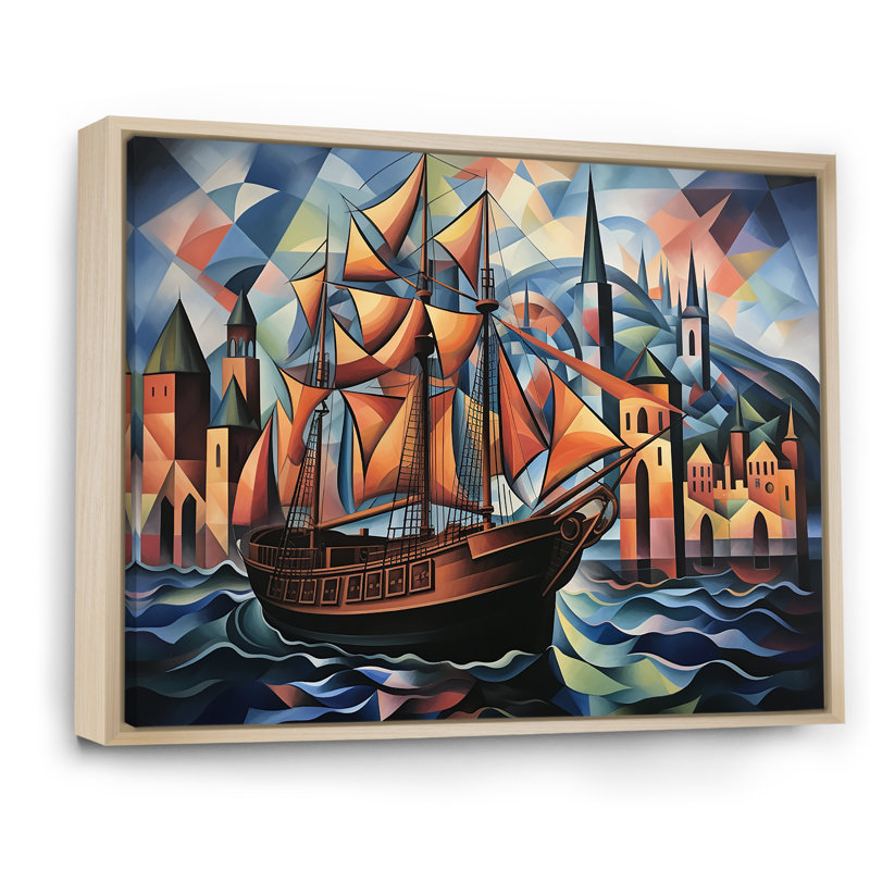 Cubiste de la croisière pirate dans les Caraïbes - art mural bateau côtier, Cadre flottant brun, H 12 po x l 20 po x P 1 po