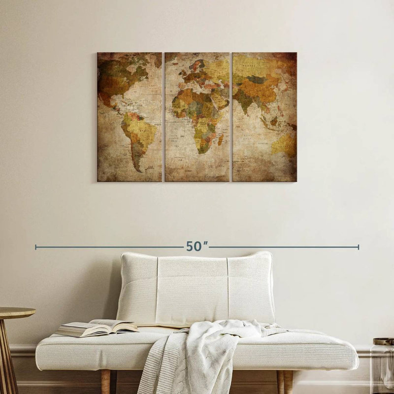 Vintage Map " World Map " by Vintage Charm Collective 3 - Pieces, 24" H x 38" W x 1.25" D