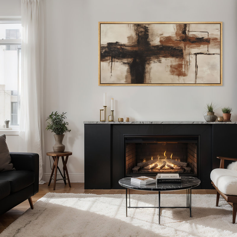 «Bold Cross Abstract» en brun foncé et gris anthracite - reproduction d'art sur toile encadrée, Naturel