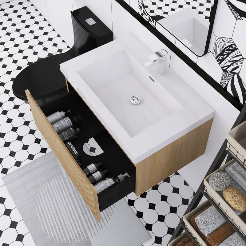 Meuble-lavabo mural en chêne naturel avec comptoir en résine de pierre et tiroirs à fermeture en douceur, Naturel, 30", Blanc
