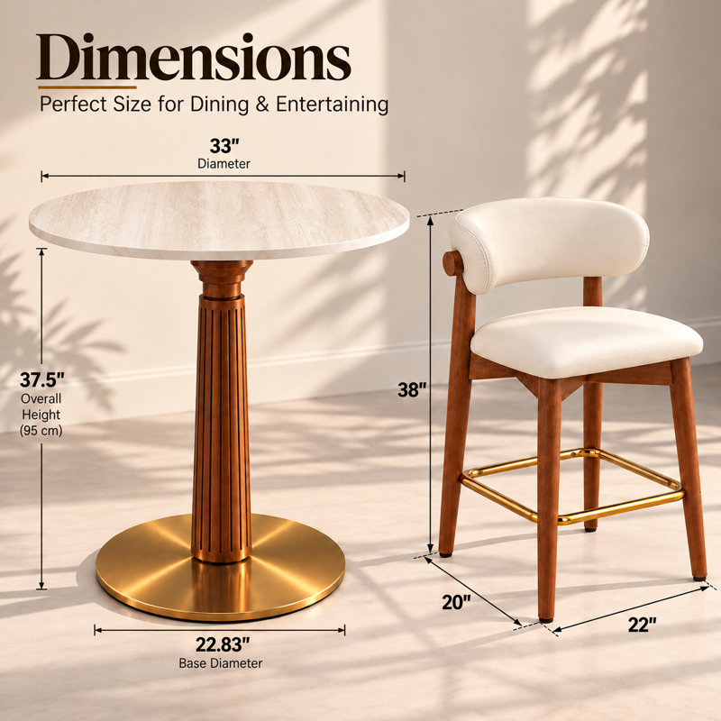3-Piece Round Bar Table Set with Fluted Wood Pedestal, Top & 2 Upholstered Bar Chairs, Brown/Yellow