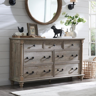 Ojaswi Farmhouse 7 - Drawer Dresser, Wood Rustic Dresser Chest of Drawers with 2 Size Drawers for Bedroom, Living Room