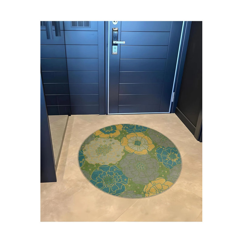 Tapis décoratif à motifs floraux dans des tons bleus et verts, Rond 2 pi 8 po