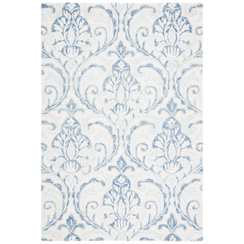 Tapis bleu marine / crème en laine touffeté à la main Hicat Ikat, Rectangle 2 pi 6 po x 4 pi