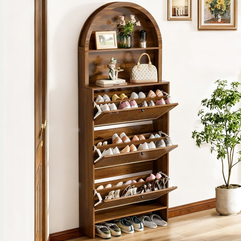 Armoire à chaussures arquée pour le hall d'entrée avec 3 tiroirs rabattables, armoire de rangement pour chaussures étroite avec panneau cannelé pour le couloir
