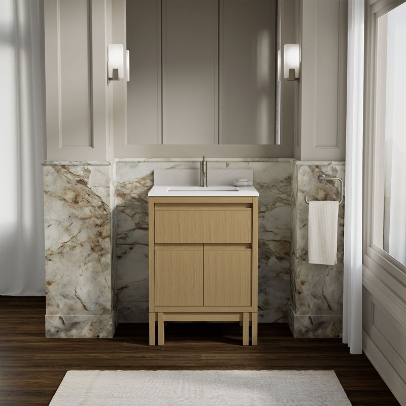 Solive Bathroom Vanity Cabinet With Sink And Quartz Top, Light Oak, 24"