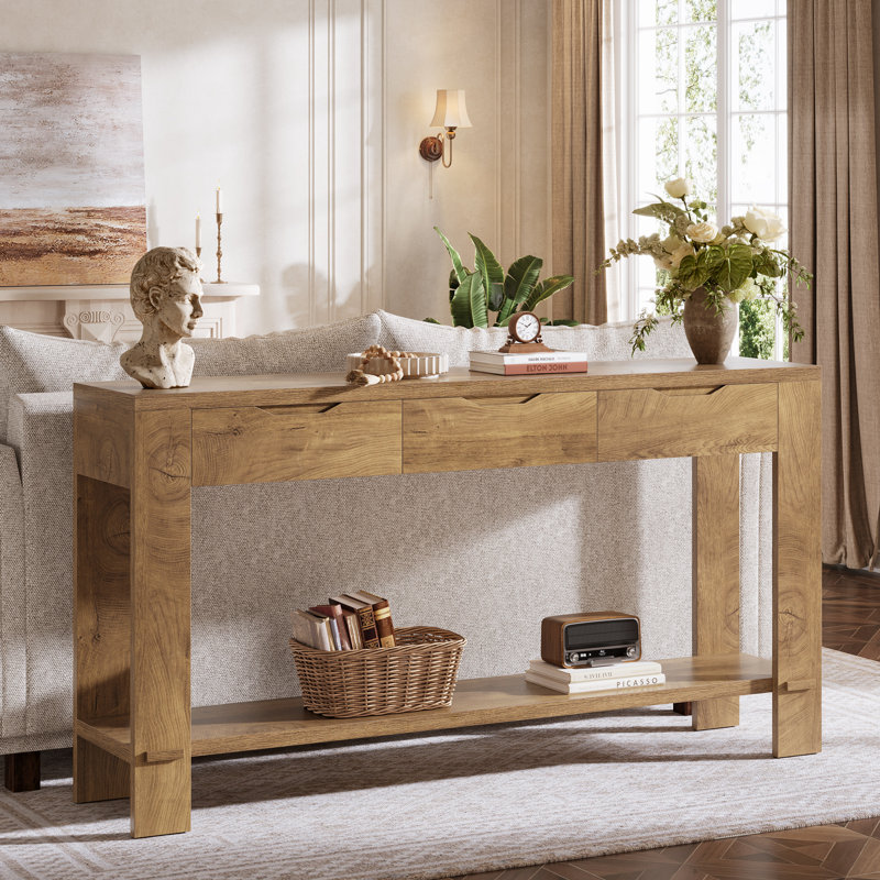 Console de 67 pouces de long avec 3 tiroirs, meuble d'entrée de style maison de campagne étroite derrière le canapé