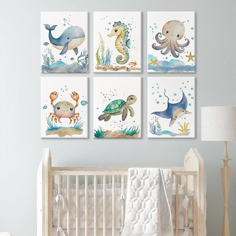Nursery Sea Animal Wall Decor Set of 6 Ocean Watercolor Canvas Wall Art Baby Boys Room Wall Art Ocean Sea Animal Pictures Kids Girl Art Prints Nursery Artwork for Bedroom 12x16 Inch Framed