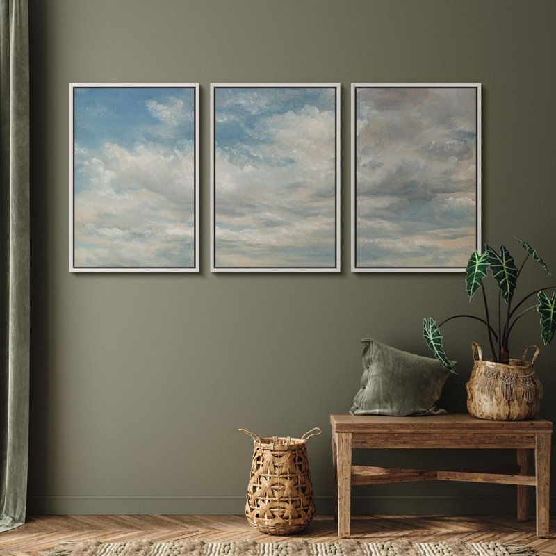 «Ciel apaisant, paysage serein bleu, paysage naturel, nature, illustrations, art moderne, décor rustique», 3 pièces, Blanc