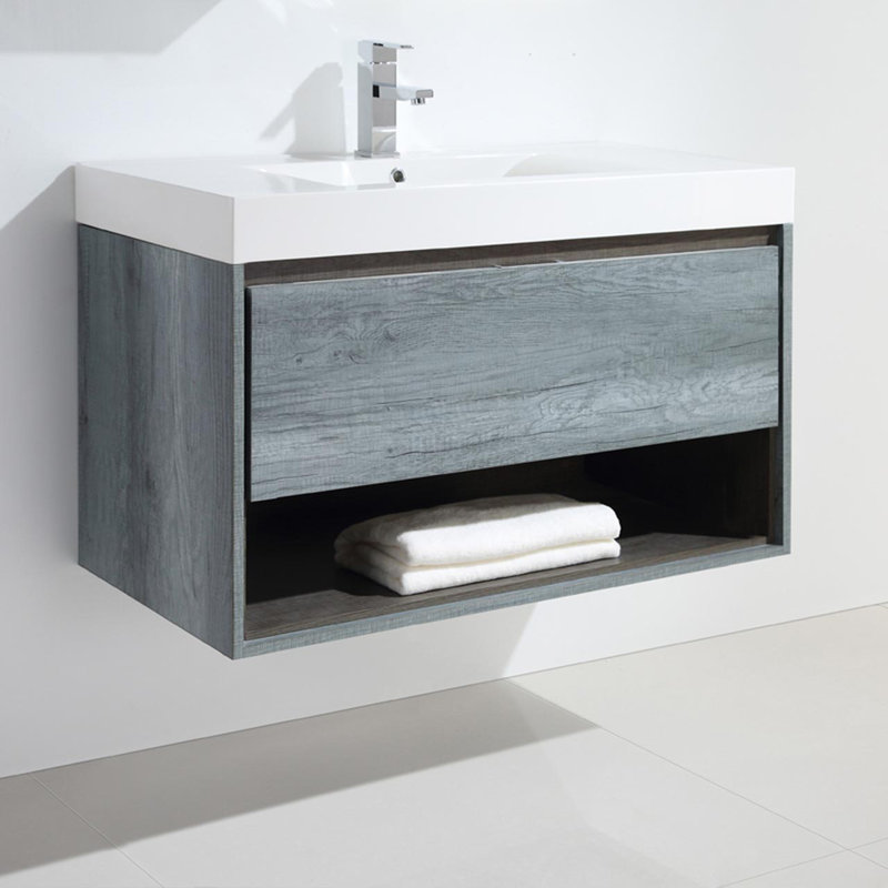 Ensemble de meuble-lavabo de salle de bain simple fixé au mur 36 po Pierceton, Brun clair