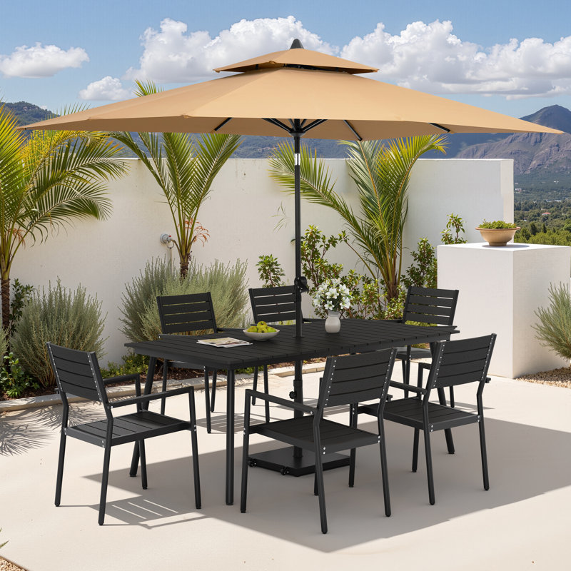 Ensemble repas pour 6 personnes en aluminium avec chaises empilables, parasol de patio et base lestée, Tanné, Noir