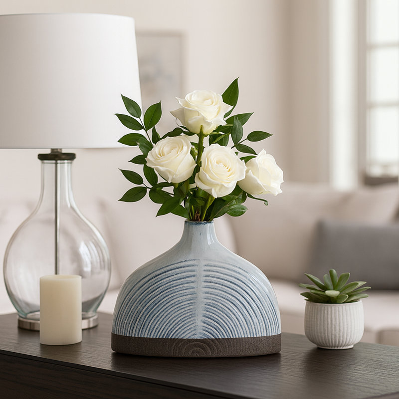 Modern Half Dome Arch Ceramic Table Vase for Home Decor - Elegant Flower Vase Accent for Tabletops and Entryway Styling - Blue & Brown