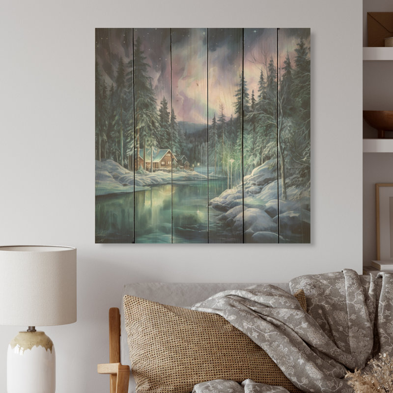 «Northern Lights Charm in Winter» - Art sur bois de pin naturel, H 15 po x l 15 po