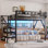 Grand lit mezzanine avec escalier, grand lit mezzanine en métal avec éclairage et rangement, lit mezzanine haut avec garde-robe et rangement pour enfants, adolescents, adultes, noir