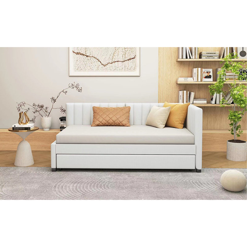 Lit de jour simple avec lit gigogne, revêtu de lin beige, aucun besoin de sommier tapissier et transportable