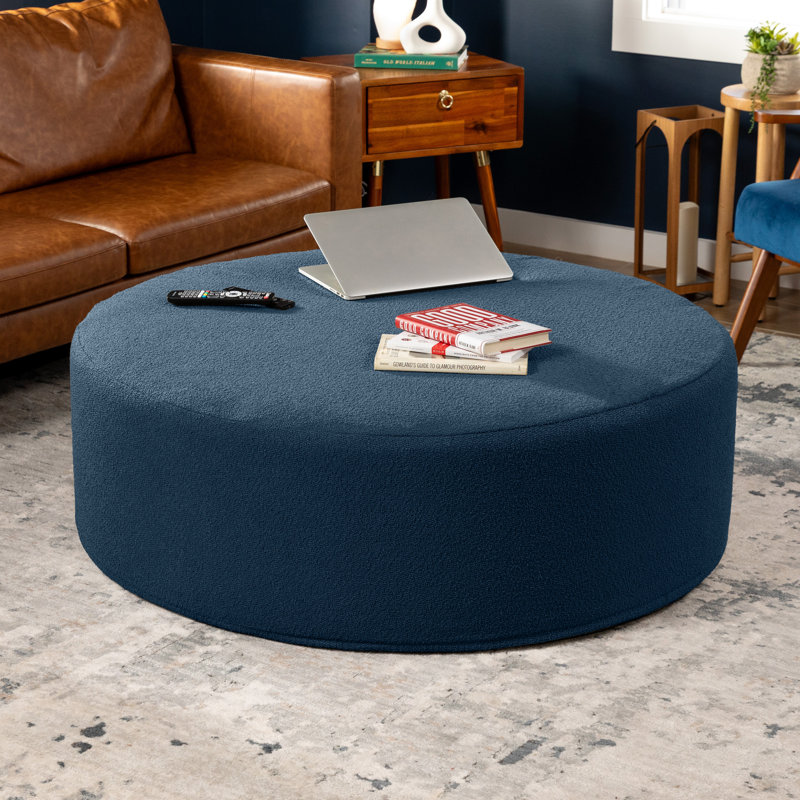 Natacia Round Couch Ottoman – Oversized Giant Coffee Table & Foot Rest, Luxe Boucle, Navy, 16" H x 44" W x 44" D