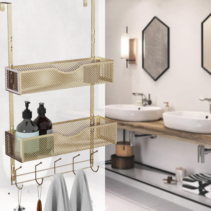 Over The Door Hooks Organizer,Coat Rack With 10 Hooks And 2 Mesh Baskets,Back Of Door Storage Organizer For Bathroom,Bedroom,Kitchen,Office(Golden)