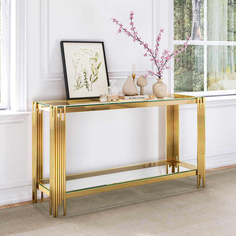 Clodoveo 47.24'' Glass Top Console Table, Clear, Gold