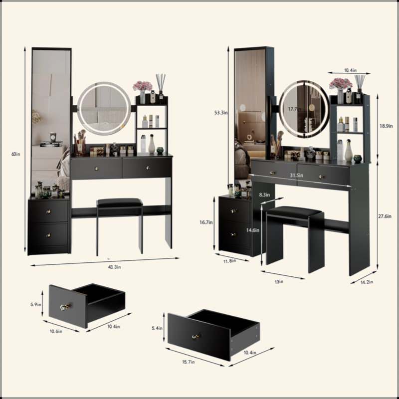 Armoire à miroir pleine grandeur + coiffeuse à miroir rond à DEL + tabouret rembourré, miroir à DEL de 17 po de diamètre, commande tactile, 3 couleurs, luminosité réglable, grand bureau, rangement multicouche à grande capacité