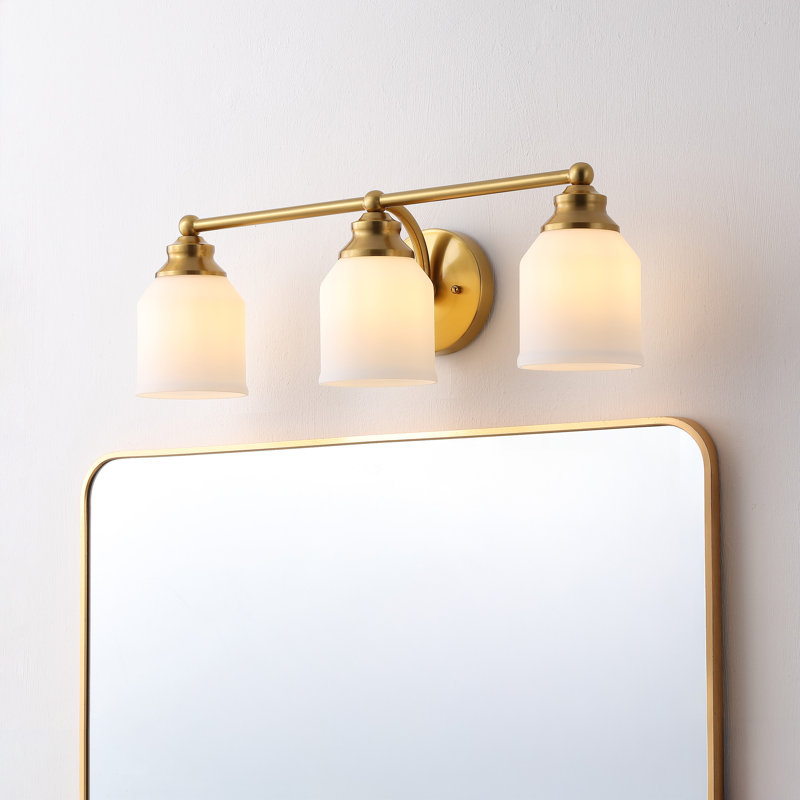 Lauder Iron/Frosted Glass Farmhouse Cottage LED Vanity Light, 3 Lights, Brass Gold