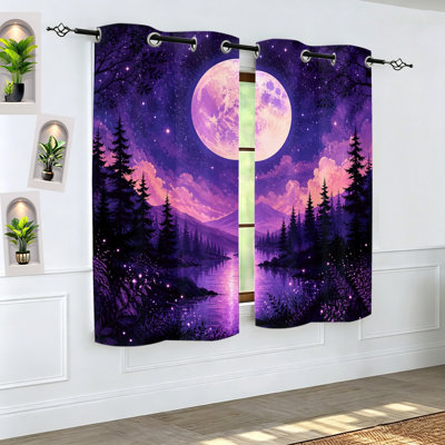 2Pcs Mystical Moon Landscape Blackout Curtains, Artistic Night Sky Forest Lake View Window Drapes, Room Darkening Thermal Insulated Thermal Insulated Panels for Living Room Bedroom Home Decor