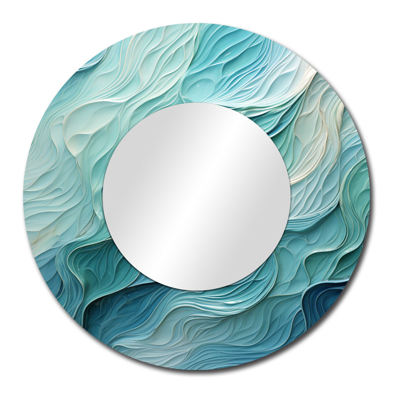 Aqua Blue And White Serenity Swirl I - Abstract Spirals Unique Mirror, Blue Large Round Wall Mirror, Printed Metal Art