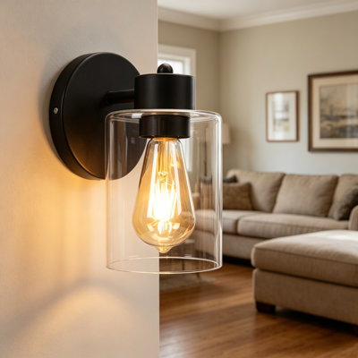 1-Light Black Wall Sconce with Clear Glass Shade, E26 Hardwired, Damp Rated