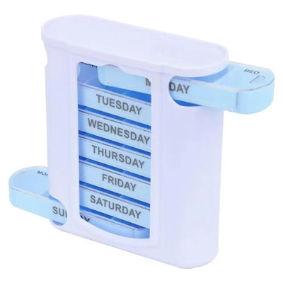 An 8-Compartment One-Week Portable Pill Box With A Removable Seal Perfect For Storing Pills And Candy. Available In White And Blue It's A Portable Daily Medication Storage Device.