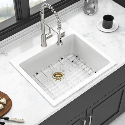 25X22" White Granite Composite Drop - In Kitchen Sink, Thick And , Reduces Dirt, Easy To Wipe Clean, Package Includes Drying Rack, Strainers, Grid Installation Accessories Quartz Sink 25X22", Smooth