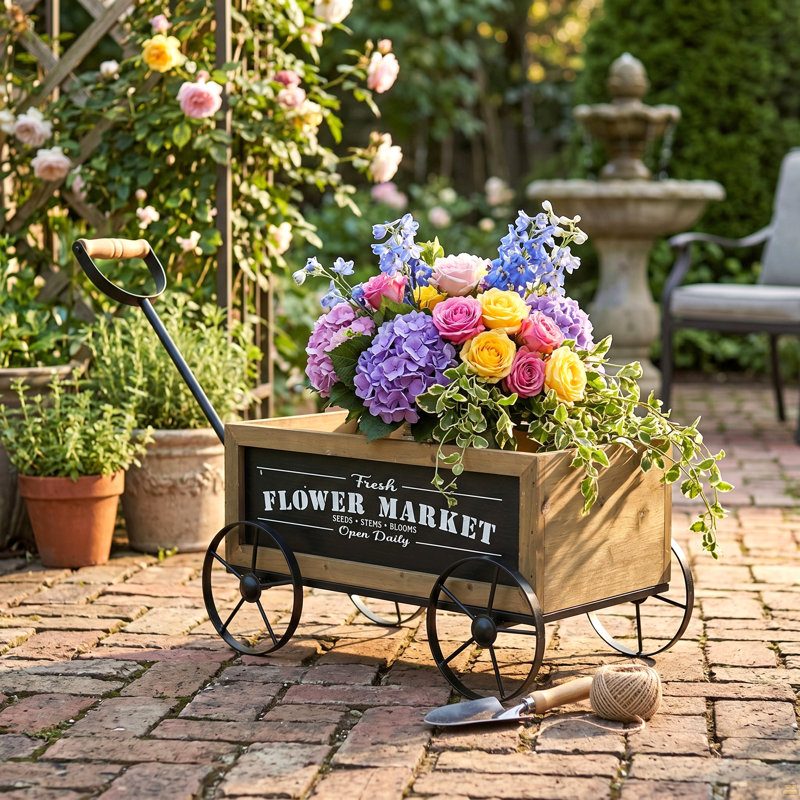 Jardinière en bois 16,5 x 9,5 x 8 po avec roues et poignée en fer noir